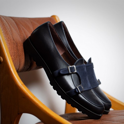 Black leather loafer with buckles with blue suede - product image