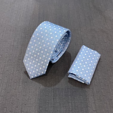 Light blue tie with white polka dot and pocket square - product image